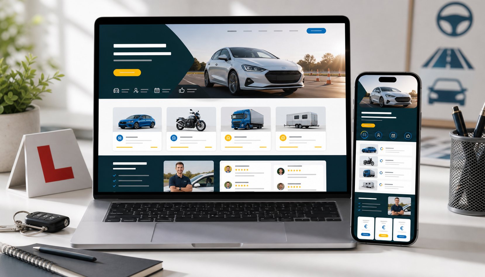 Mockup einer modernen Fahrschul-Website auf Laptop und Smartphone