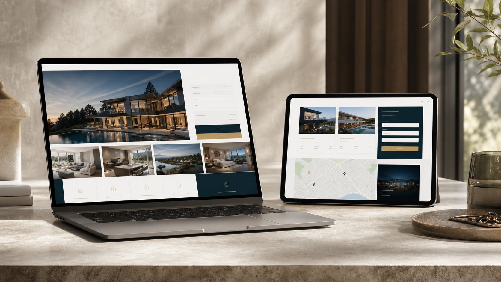 Mockup einer hochwertigen Immobilien-Website auf Laptop und Tablet