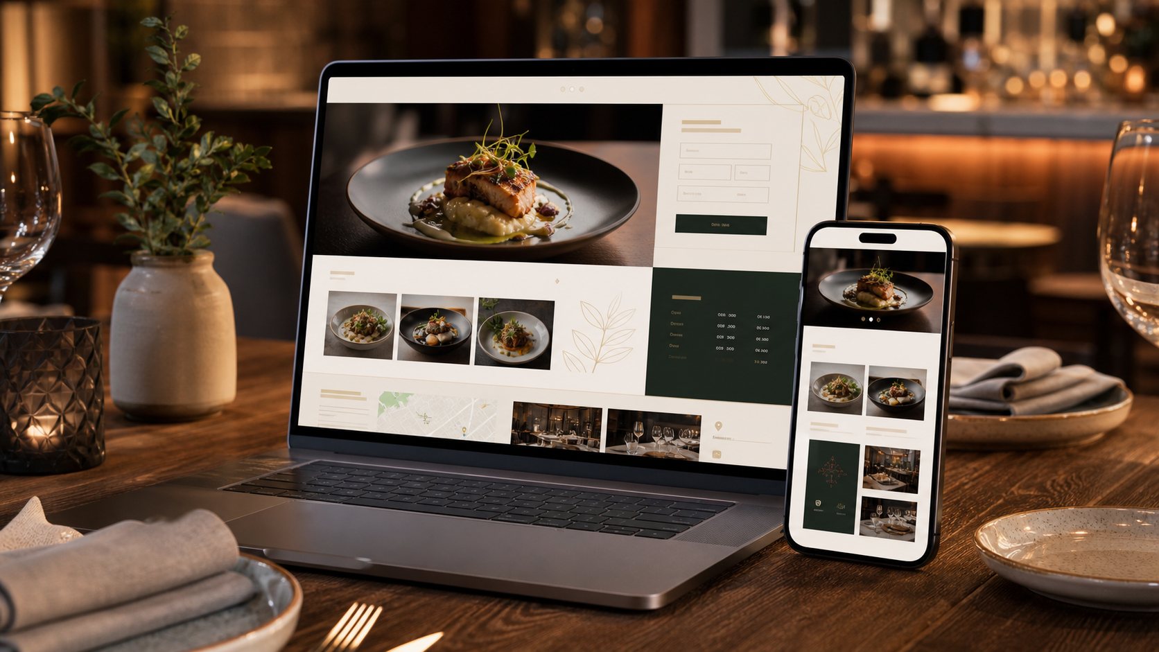 Mockup einer Restaurant-Website mit Reservierung auf Laptop und Smartphone